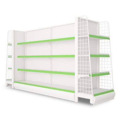 China New Design Double Sided Supermarket Equipment Gondola Shelf Metal Supermarket Warmer Shelving Double Side Shelf for sale