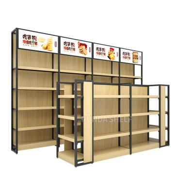 China Single Sided Supermarket Shelves Steel Wood Shelves Retail Runda Display Gondola Shelving / Rack For Store en venta