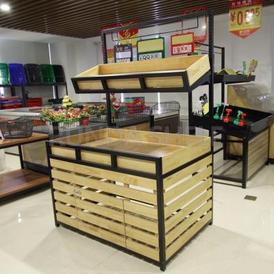 China Single-Sided Store Racks Steel-Wood Fruit Vegetable Wooden Vegetable Rack Rack Supermarket Display Shelf for sale