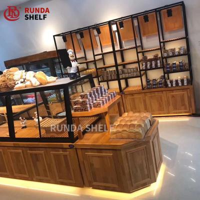 China FV-05 Single Sided Food Stores Bread Shelf Supermarket Bakery Shelf Rack Opening Wooden Bread Display Stand 800-1000mm for sale