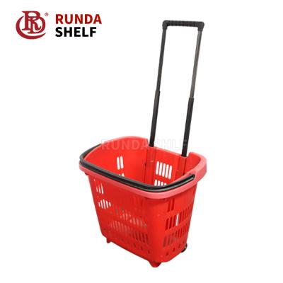 China 2 wheels HB-08 plastic foldingl wicker shopping basket with wheels for sale