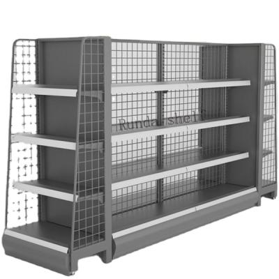 China Customized Double Sided Steel Wood Supermarket Shelves Grocery Display Shelving For Squid Shelf Te koop