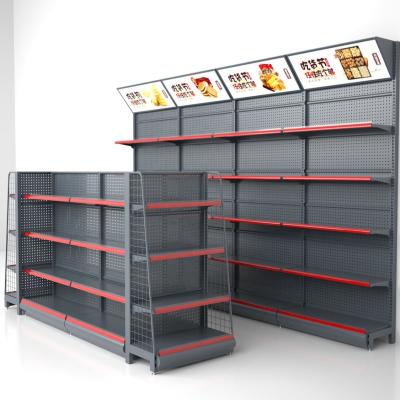 China Customized Double Sided Steel Wood Supermarket Shelves Grocery Display Shelving For Squid Shelf à venda