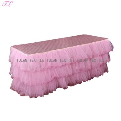 China Decorative Ruffled Ruffle Tulle Mesh Table Skirt Tutu Table Skirt For Wedding for sale