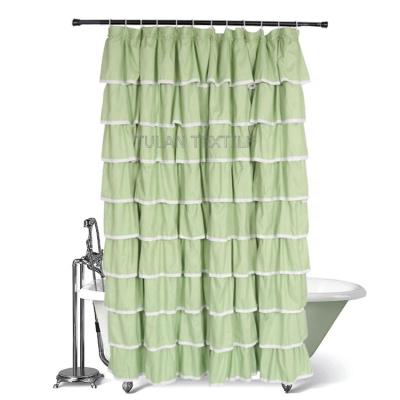 China Sustainable Hot Sale Ruffle Lace Bathroom Shower Curtain Green Waterproof for sale