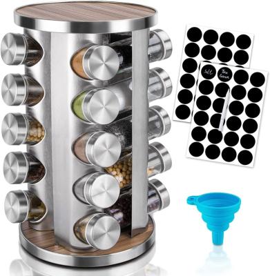 China Viable 360 ​​Rotating Spice Jar Rack Set Organizer Stainless Steel Carousel Kitchen Rotating Spice Rack with Glass Bottle for sale