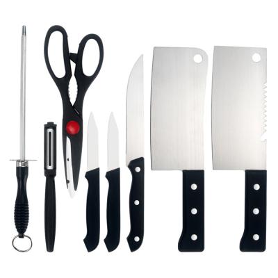 China Stocked 8 Pcs Knife Set Kitchen PP Handle To Blister Stainless Steel Packing Knife Set With Cleaver Sharpening Stick And Scissors for sale