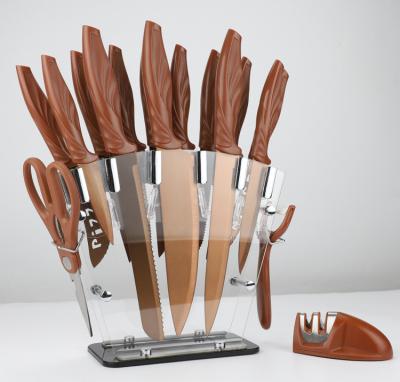 China Amazon Best Seller Viable Brown Color 17 Piece Kitchen Steak Knife Carbon Stainless Steel Knife Set With Sharpener And Acrylic Holder for sale