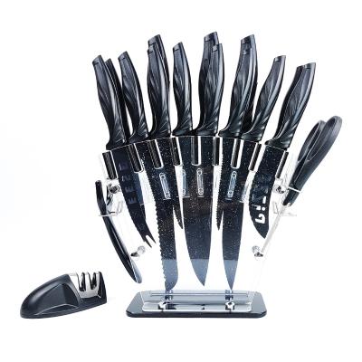 China Amazon Sustainable Best Seller 17 Piece Kitchen Steak Knife Carbon Stainless Steel Knife Set with Sharpener and Acrylic Holder for sale