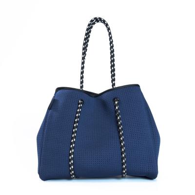 China 2021 Hot Selling New Arrival Large And Smooth Blue Popular Perforated Neoprene Tote Bag Blue With Clip Pocket for sale