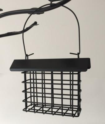 China Durable Black Hanging Bird Feeder Metal Roof Iron Wire Cage 350g Capacity for sale