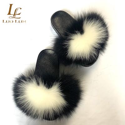 China Fluffy Kids Fox Fur Slippers Furry Slides Indoor Flip Flops Furry Flat Sandals Indoor Flip Flops for sale