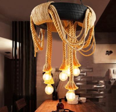 China For Decorative Hotel/Project/Industrial Modern Attic Room/Home Vintage Tire Hemp Rope Bar Lamps/Shape Pendant Lighting Edison Bulb Hanging Chandeliers for sale