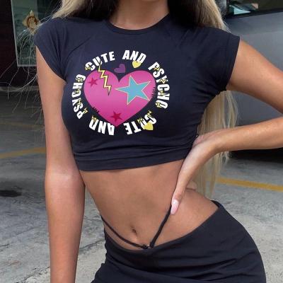 China KEETE breathable street sexy love printing round crop top neck slim shape y2K black T-shirt clothing for sale