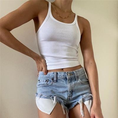 China KEETE Casual Women's Logo Print Vest Sports Summer Breathable Clothes Ribbed Collar Singlet White Square Sleeveless Crop Top Tank Tops for sale