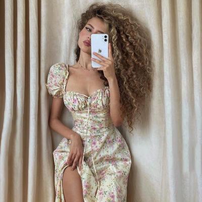 China KEETE Women's Summer Open Fork Floral Print Dress High Waist Bandage Neck Anti-Static French Sexy Square Wrap Open Fork Casual Dress for sale