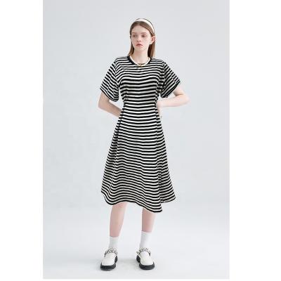 China New Washable Black and White Yarn-dyed Oneck Striped Dresses Women's Casual Buttons Gather Waist Open Fork Knitting Dress for sale