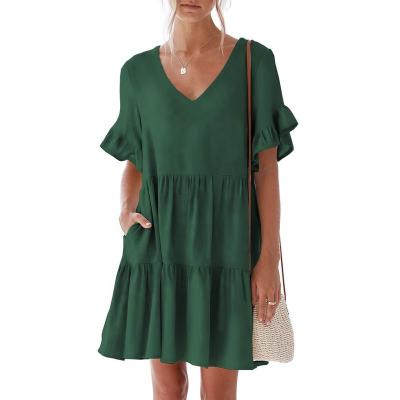 China Women Ladies Summer Color Chiffon Fabric V-neck Sheer Casual Elegant Dress Washable Short Sleeve Spliced ​​Ruffle Sleeve Tunic Mini Skirt for sale