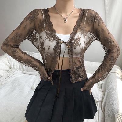 China Anti-wrinkle KEETE sexy girls Y2K long sleeve transparent hd lace mesh tops vintage lace crop tops slim streetwear cardigans women for sale