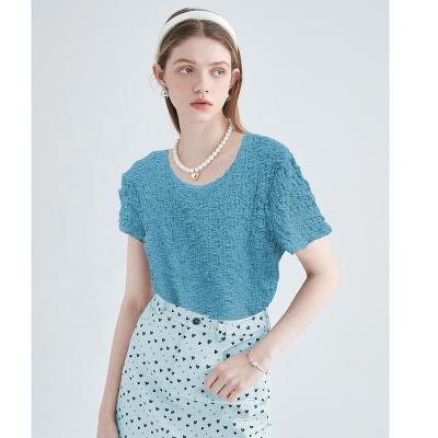 China Anti-Wrinkle T-shirt Summer Blue Folding Elastic Loose Elastic T-shirt For Woman Polyester Short T-shirt Women's Upper Sleeve O-Neck for sale