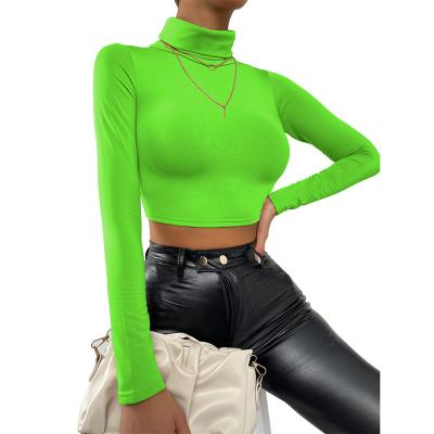 China 2021 New Design Anti-Wrinkle Solid Color High Collar Fit Ves Slim Casual Long Sleeve T-shirt Tight Bustier Crop Tops Women's Full T-Shirts for sale