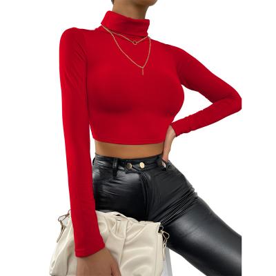 China 2022 Fashion Anti-Wrinkle 2022 Fashion Turtle Neck Long Sleeve Crop Shirts Solid Top Spring Sexy Women Clothing Tops T-shirt For Ladies for sale