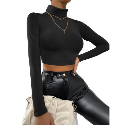 China Anti-Wrinkle 2022 Women's Bodycon Solid Crop Neck Sexy Long Sleeve Turtle Neck Collar T-Shirt Tops Female Clothing Basic Outfits Wholesale for sale