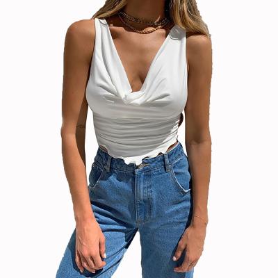 China Anti-Wrinkle Solid Color Deep V Casual Irregular Solid Ruched Top Women Ladies Blouses Summer Elegant Loose Crop Sleeveless Camis Top for sale