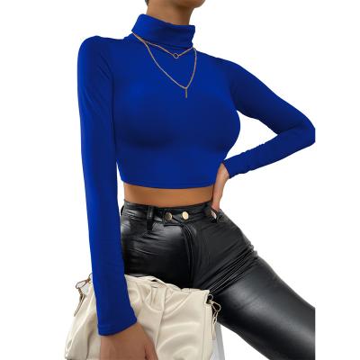 China OEM Fashion ODM Turtle Neck Long Sleeve Anti-Wrinkle Custom Crop Shirts Solid Top Spring Sexy Women Clothing Fitted Tops T-shirt For Ladies for sale