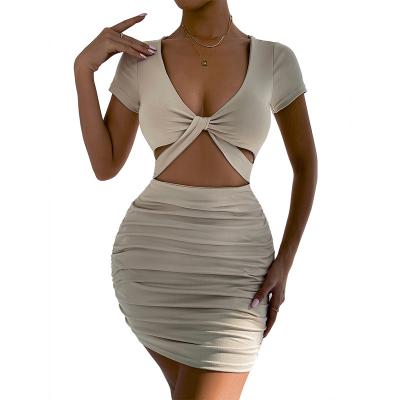 China Anti-Wrinkle Hollow Out Dress Sexy Women V Neck Drawstring Pleat Summer Dresses Bodycon Pink Short Sleeve Ruched Dress Black 2022 New for sale