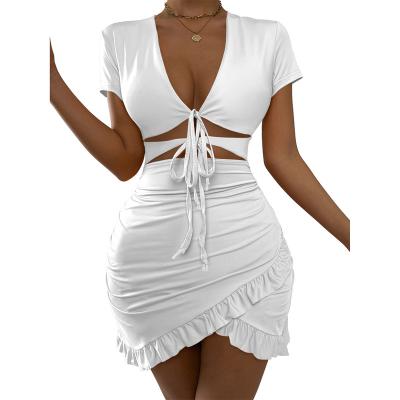 China Anti-Wrinkle Bodycon Summer Dress Party Club Bridesmaid Short Sleeve Bands Show Hilum Tie Open Front Crop Women Hollow Out Dresses for sale