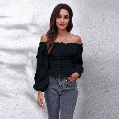 China Viable Off The Shoulder Chiffon Rope Korean Turn Down Collar Silk Blouse Long Shirt for sale