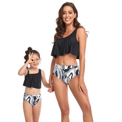 China Breathable Leaves Pattern Ruffles and Single Shoulder Design Mom and Daughter Family Girls Swimwear Kids 2pcs for sale