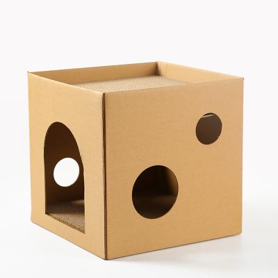 China Hot Selling Viable Cat Scratch Board House Corrugated Paper Style Cube Shape Cat Scratcher Cardboard Small Cat House for sale