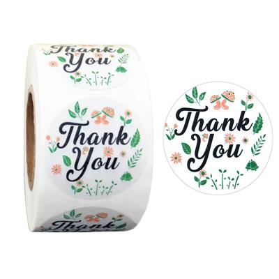 China 1 Inch High Quality Waterproof Thank You Stickers Roll Floral Thank You Label Circle Gift Wrapping Sticker for sale