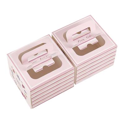 China Recyclable Wholesale Folding Cake Box With Handle Pink Birthday Cake Box Portable Cookies Packaging Boxes For Wedding for sale