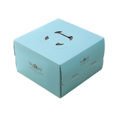 China Recyclable Portable Elegant Birthday Cake Box With Handle Blue Wedding Cake Box For Cake Bakery Packaging for sale