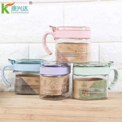 China Sustainable Kitchen 300ml Square Wheat Fiber Masala Salt Seasoning Box Condiment Set Glass Condiment Jar for sale