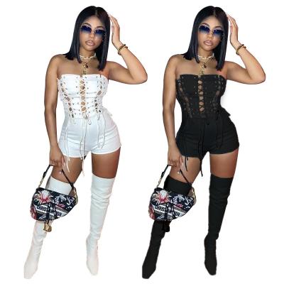 China 2022 Summer Cavity Women Bandage Breathable One Piece Romper Overalls Shorts Sexy Solid Color Overalls Romper Overalls For Women for sale