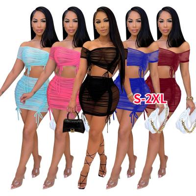 China 2022 New Summer Breathable Mesh See Through Two Piece Skirt Set Women Dresses Crop Tube Top And Stacked Mini Skirts Sets for sale