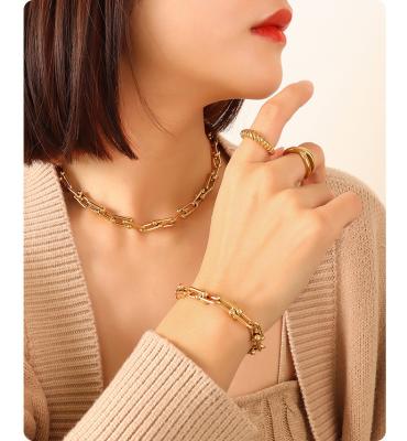 China CLASSIC Women's Statistical Institute Fashion Jewelry Chain Stainless Steel Clavicle Bracelet Necklace U-shaped Thick Bamboo Set for sale