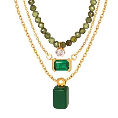 China Women's CLASSIC Jewelry Fashion Multi Layered Emerald Pendant Necklace White Zircon Green Square Beaded Chain Necklace For Girl for sale