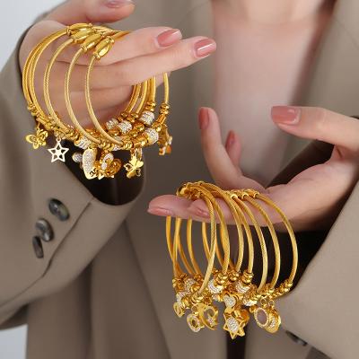 China Wholesale Custom Punk Fashion Jewelry 18K Gold Plated Stainless Steel Zircon Pendant Heart Butterfly Bangle Bracelet Optional Women for sale