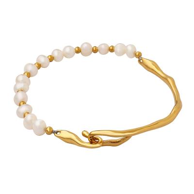 China Other Wholesale New Designs Women Fashion Jewelry 18K Gold Plated Stainless Steel Beaded Freshwater Pearl Bangle Bracelet For Women for sale