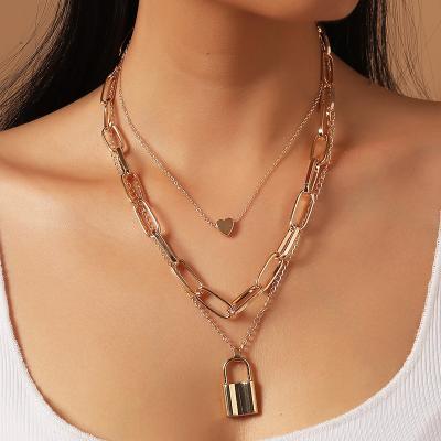 China Creative Heart Peach Retro Personality Alloy Lock Shape Pendant Necklace Multilayer Casual/Sporty Unisex Clavicle Chain Chain for sale