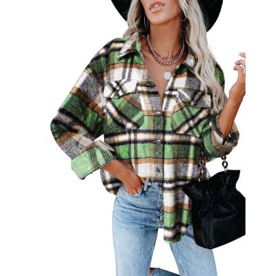 China New Breathable Plaid Cardigan Shirt Women Lapel Loose Casual Shirt Jacket for sale