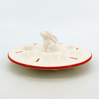 China Viable Ceramic Chicken 6 Eggs Serving Tray With Cute Rabbit Holder For Sale Easter Home Restaurant Tools Egg Stiring Beep Eggs for sale