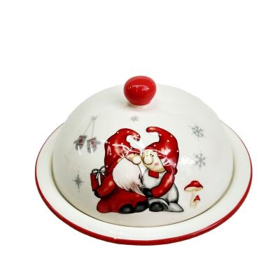 China Sustainable Christmas Decorative And Ceramic White Round Cat Design Butter Dish With Lid for sale