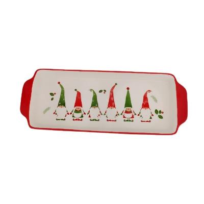 China Sustainable Christmas Tableware Custom Ceramic Hand Painted Red Rectangular Dish With Handle for sale