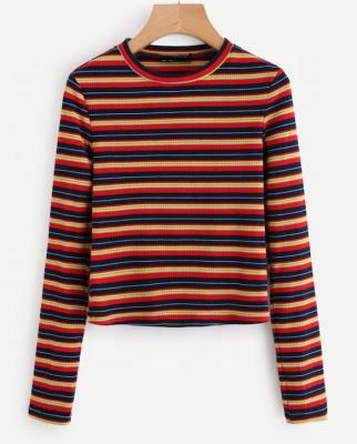 China Anti Shrink O Neck Long Sleeves Polyester Fabric Colorful Striped Ribbed T Shirt for sale